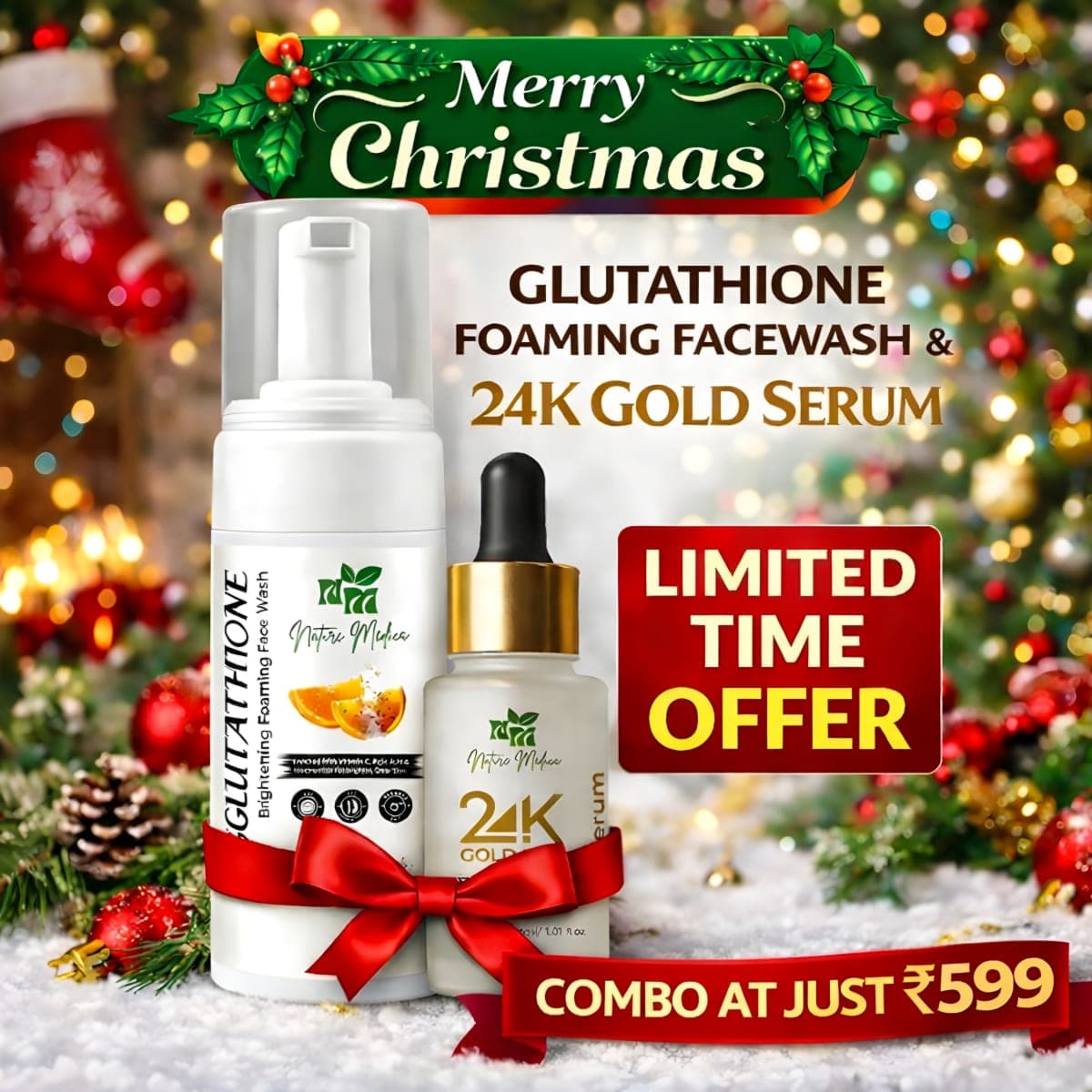 Nature Medica Skin Brightening Combo | Glutathione Foaming Facewash + 24K Gold Serum | Christmas Special Combo